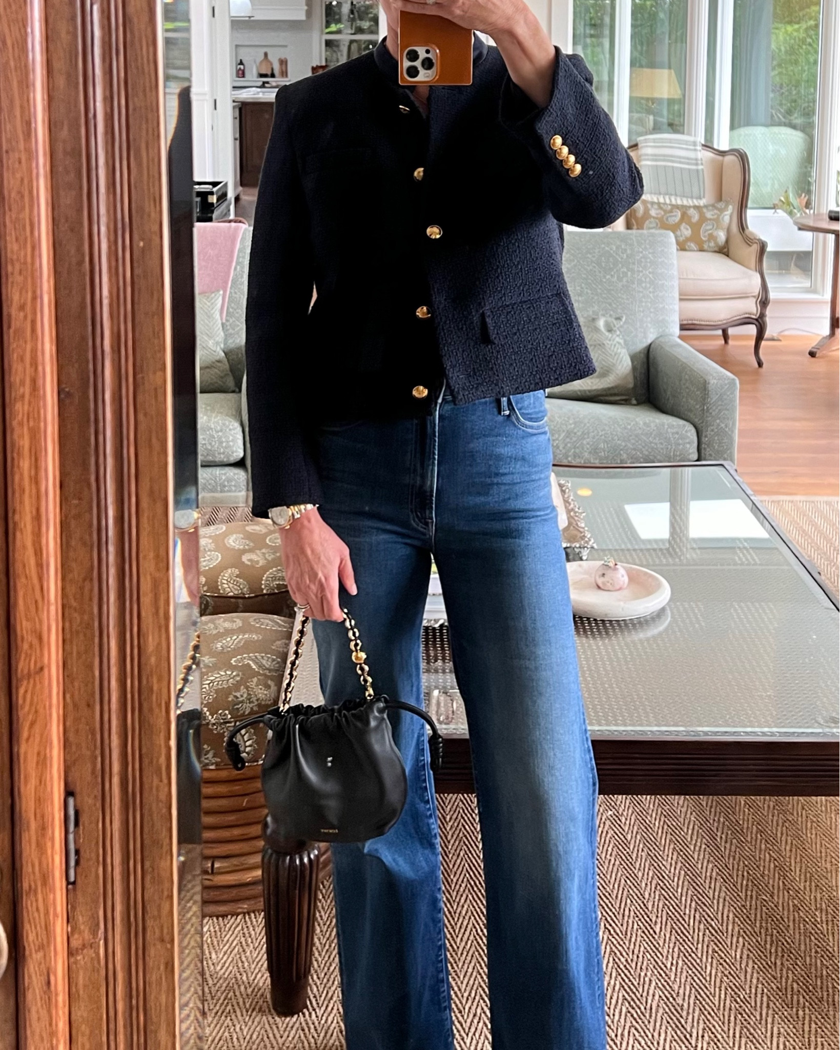 THE UNIFORM 

Wearing Nili Lotan jacket. The Paige is my favorite style. Goes with everything! Blue may be sold out but olive green and an ecru stripe are equally good!

Mother Denim jeans - my go to. Universally flattering. Prefer this silhouette with a mid heel shoe. 

Love the mini Flamenco bag from Loewe. Extremely versatile with the option of a short chain strap, a long leather strap or neither for use as a clutch .

#LTKSeasonal #LTKSaleAlert #LTKStyleTip