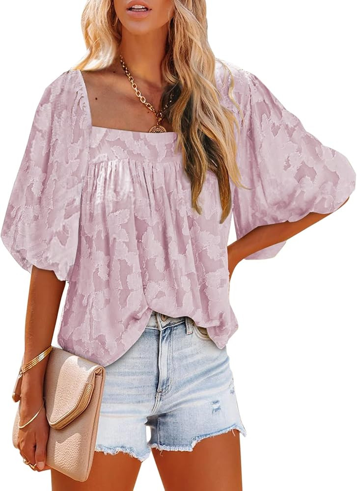 Dokotoo Womens Square Neck Babydoll Tops 3/4 Puff Sleeve Lace Blouse Summer Floral Textured Dressy S | Amazon (US)