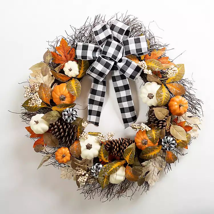 Buffalo Check and Orange Pumpkin Wreath | Kirkland's Home
