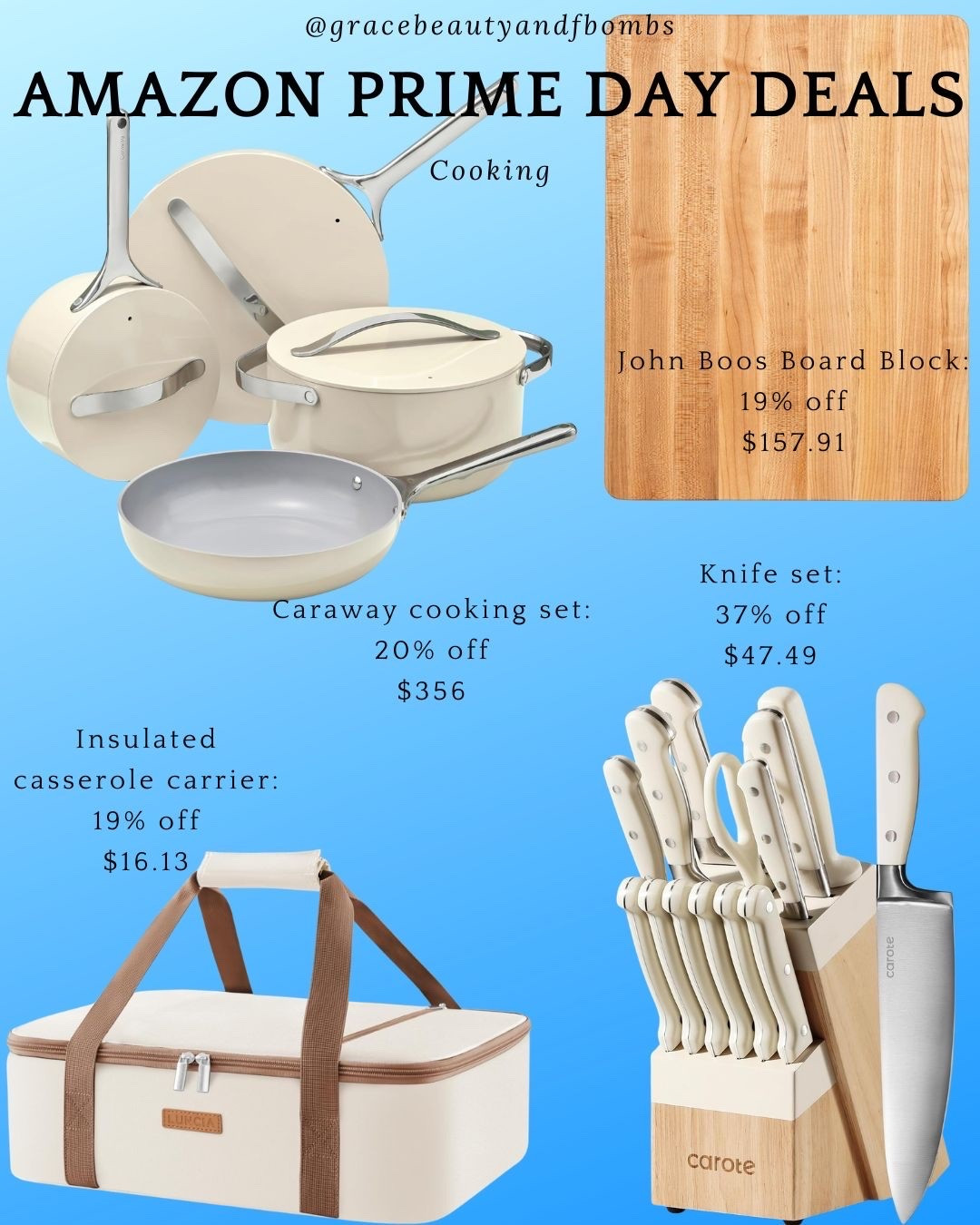 Amazon Prime Day Deals on kitchen items! I have this insulated casserole carrier. I feel like at my age, people are always doing potlucks or meal trains, and this guy holds a large lasagna pan and keeps the food hot (or cold) until you get to your destination! I also love Caraway pans as they are the best non-toxic, easy to clean pans around. And I use my John Boos board block literally every time I cook. Lastly, you can't go wrong with a nice neutral knife set! 
#primedaydeals #Amazonprimedaydeals #neutralkichen #boosboardblock

#LTKSaleAlert #LTKHome