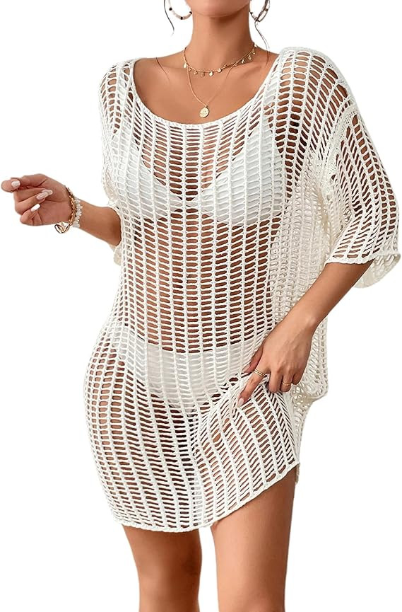 Bsubseach Crochet Coverups for Women See Through Knitted Bathing Suit Cover Up Bikini Swimwear Me... | Amazon (US)