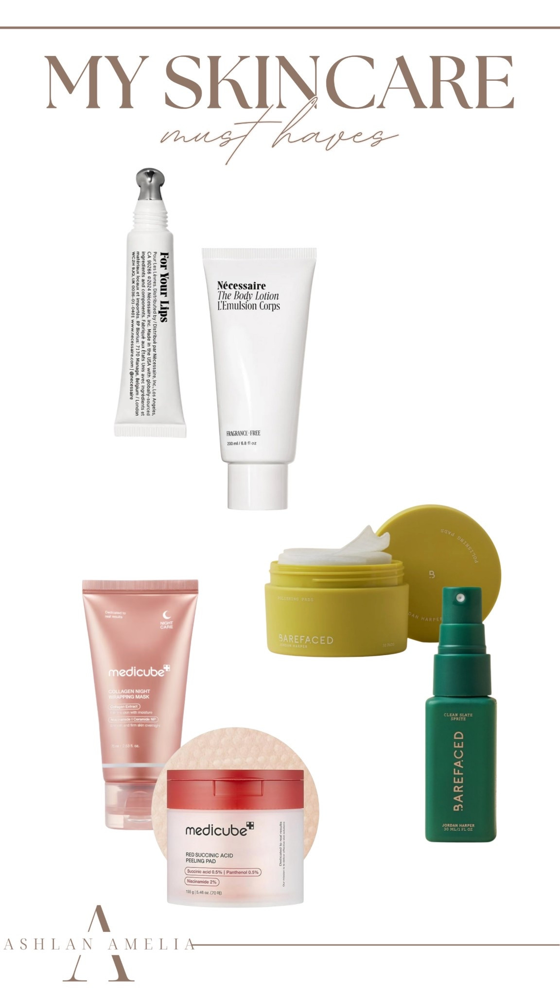 necessaire lip balm, necessaire lotion, barefaced toner pads, barefaced spray, medicube mask, medicube peeling pads, skincare routine, beauty 

#LTKBeauty #LTKmorningroutine #LTKselfcare