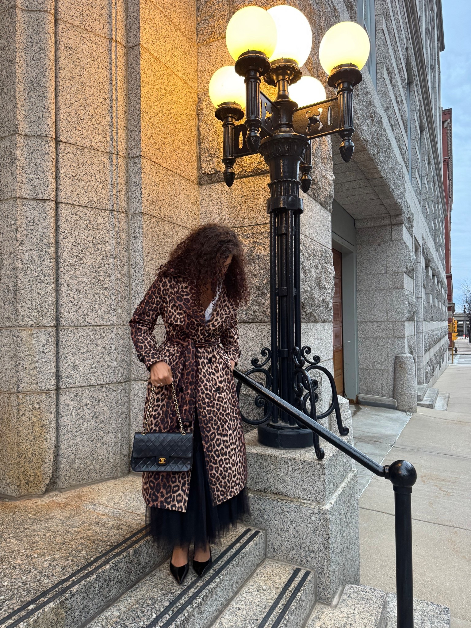 Black tulle skirt, white button up, leopard print trench coat, slingback heels 

#LTKootd