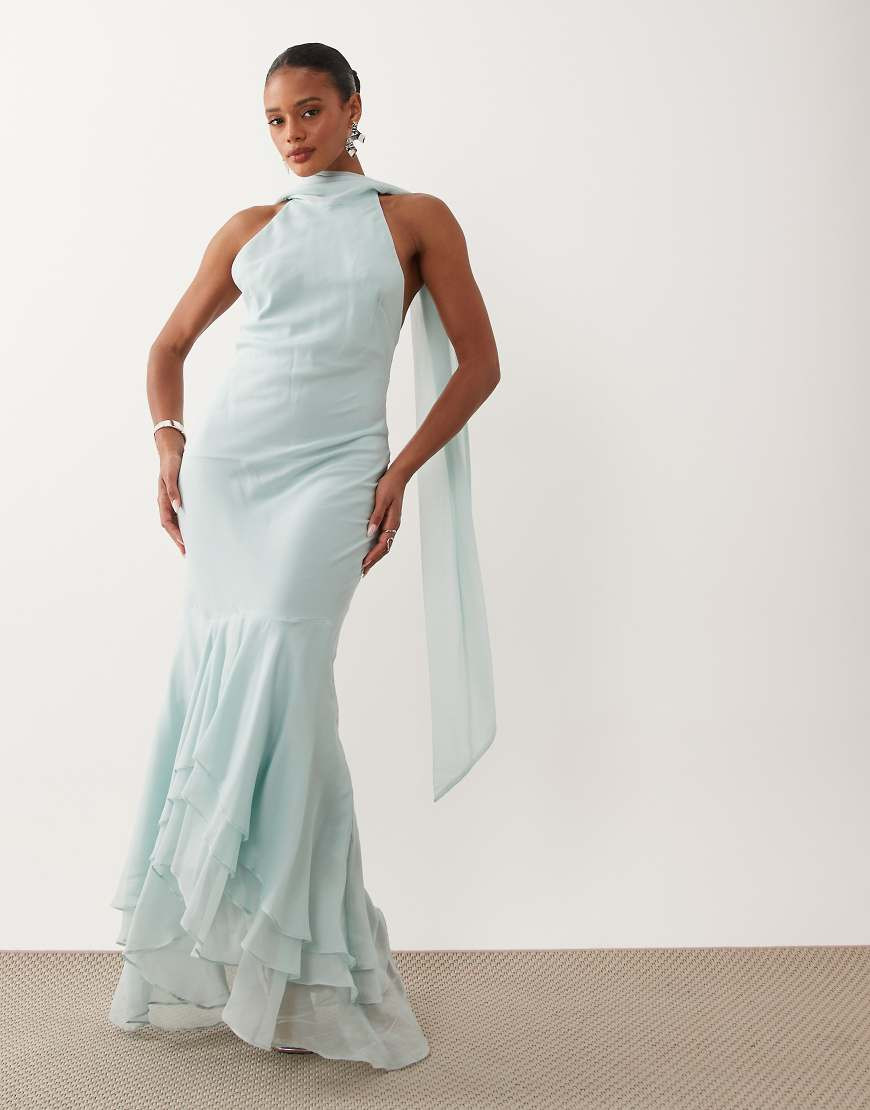 ASOS DESIGN halter maxi dress with scarf detail and ruffle hem in blue | ASOS (Global)