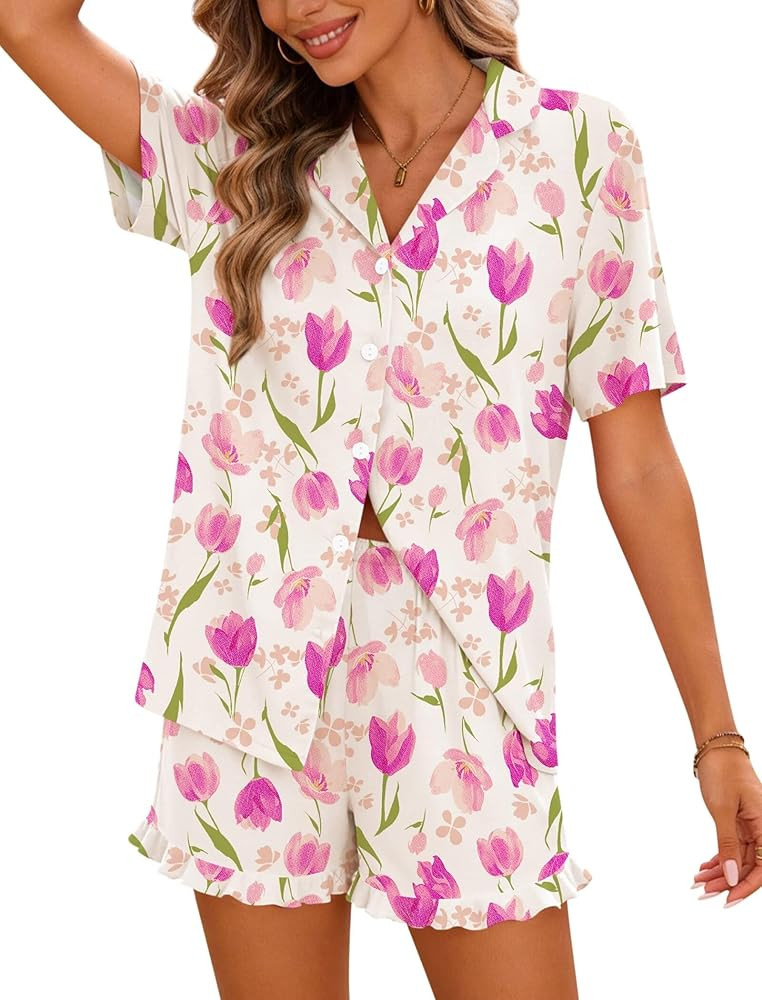 SWOMOG Woman Pajama Set Short Sleeve Pjs Set 2Pcs Short Pajamas Button Down Ruffle Hem Sleepwear ... | Amazon (US)