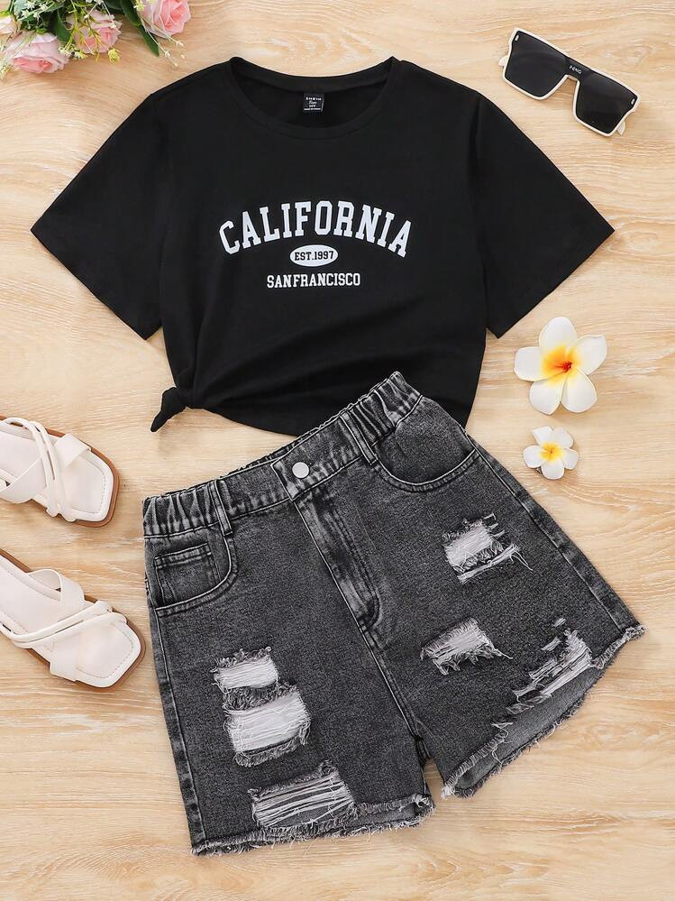 SHEIN Teen Girl Letter Print Round Neck Short Sleeve Top And Distressed Denim Jeans 2pcs Casual Set | SHEIN
