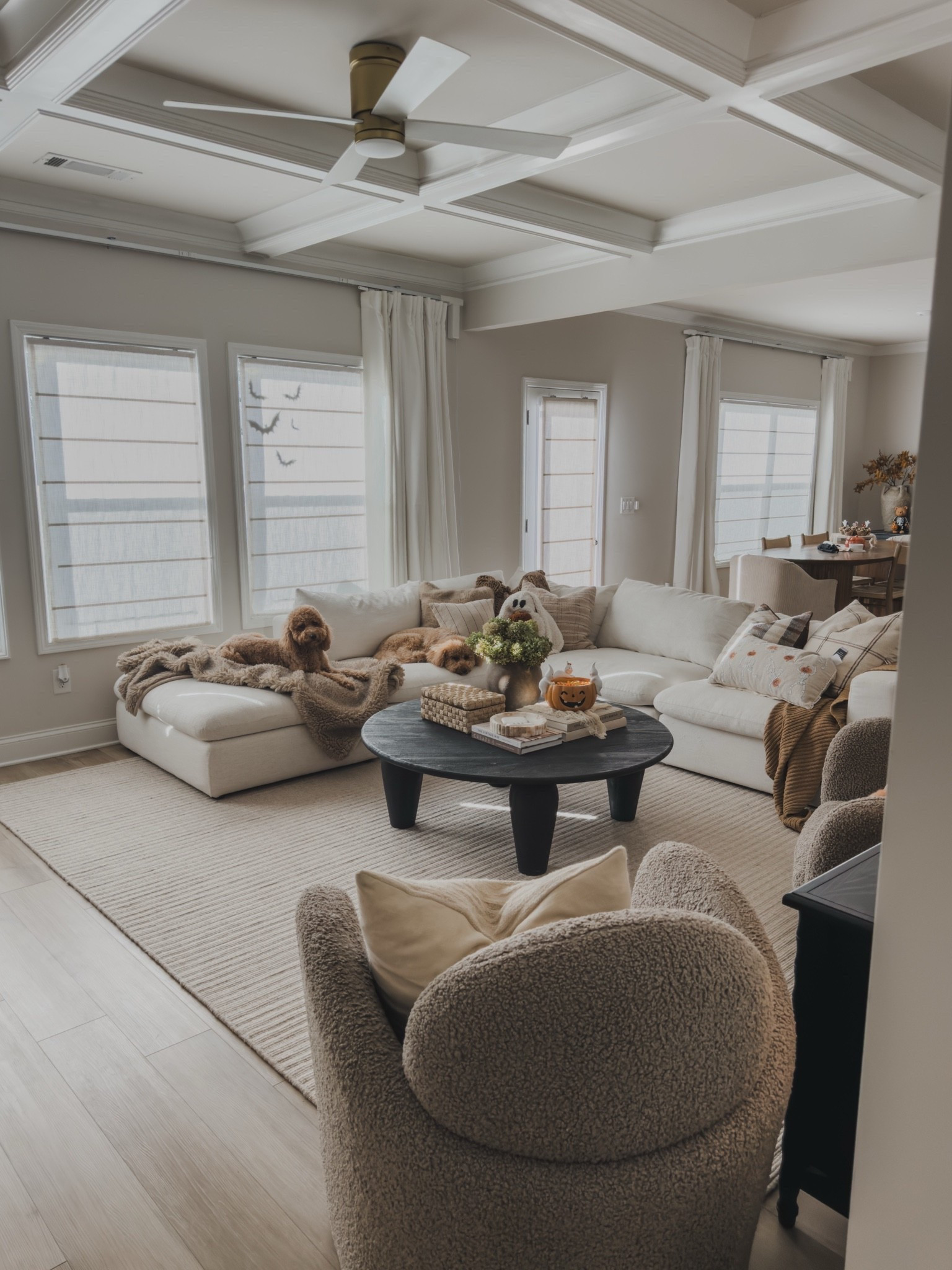 A few cozy Halloween touches mixed into our living room. I love adding seasonal decor in a way that still feels like our home— lots of texture, layered throw pillows and just a few playful pops of Halloween throughout.

Our sectional is still one of my favorite furniture finds and has held up so well with everyday life, kids and dogs. The storage ottoman is also a favorite because we keep all of our extra throw pillows and blankets tucked away inside. This wool rug has been the perfect base for this room year round and has held up so well, even with three dogs and plenty of traffic.

I also love keeping a collection of neutral throw pillows that I can mix and match throughout the year. They work with just about any style, and I can easily add in a seasonal pillow or two to completely change the feel. Quality furniture, lots of texture and a few little Halloween touches to make our home feel extra cozy this time of year 🤍🎃🦇

#LTKSeasonal #LTKHome #LTKSaleAlert