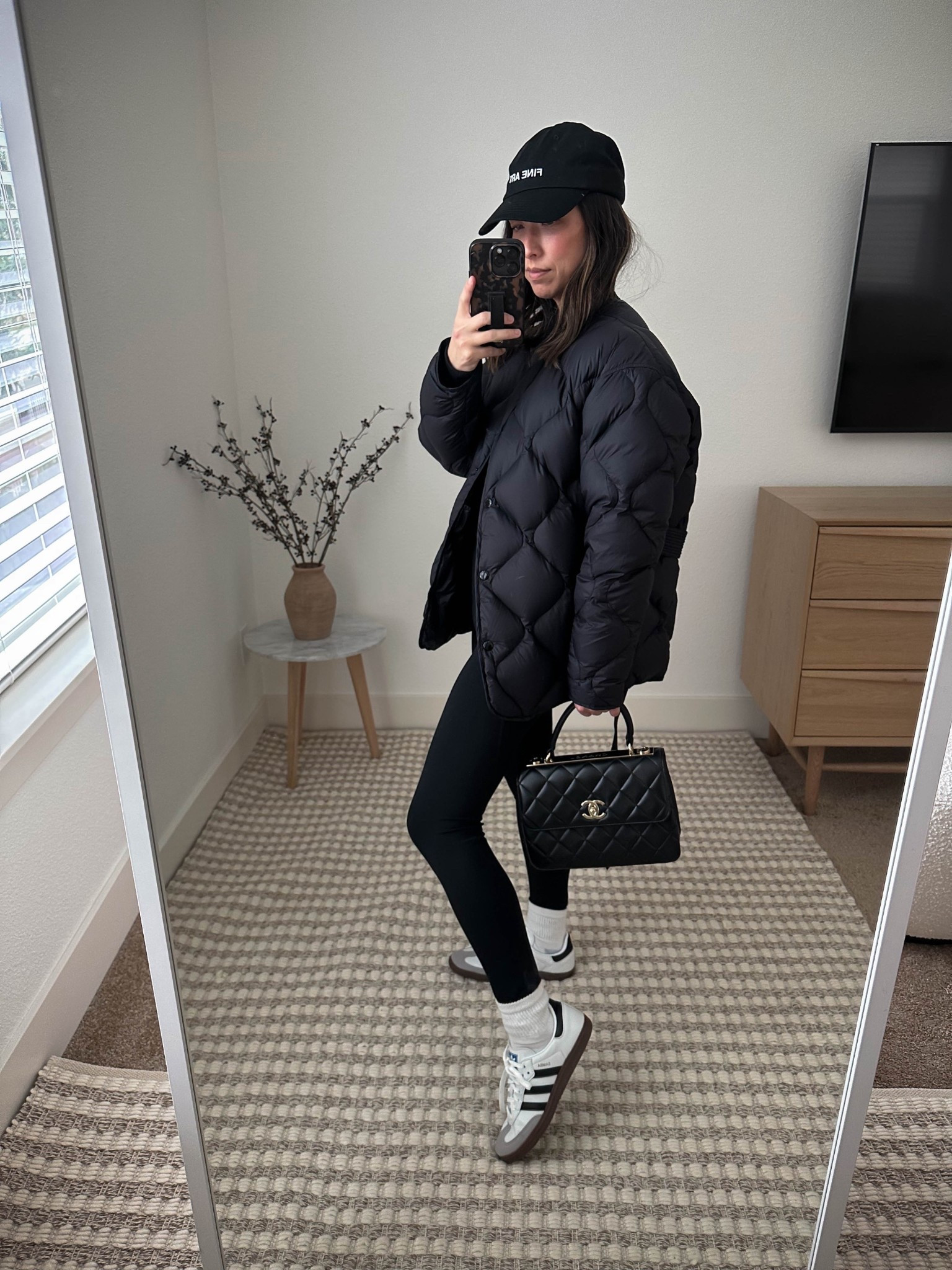 Leggings outfits. How to elevate leggings. 

Coat - Rag & Bone xxs (old)
Sweatshirt - Sweaty Betty xs (old)
Leggings - Zella xs
Socks - Hanes
Sneakers - Adidas Samba 4.5 men’s. 
Hat - Outsider Supply (old) 
Bag - Chanel Trendy

Petite style, winter outfits, winter style 

#LTKSeasonal #LTKPetite #LTKootd