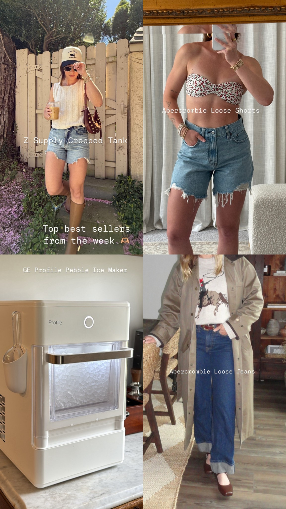 6/3/25 a few best sellers from the past week 🫶🏼 weekly best sellers, abercrombie high rise loose shorts, abercrombie high rise loose jeans, z supple cropped sweater tank, ge profile nugget ice maker, summer basics, functional home finds, cozy casual outfit ideas, kitchen essentials, best ice maker

