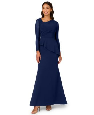 Adrianna Papell Women's Mesh-Long-Sleeve Crepe Gown - Black/Rosegold | Macy's