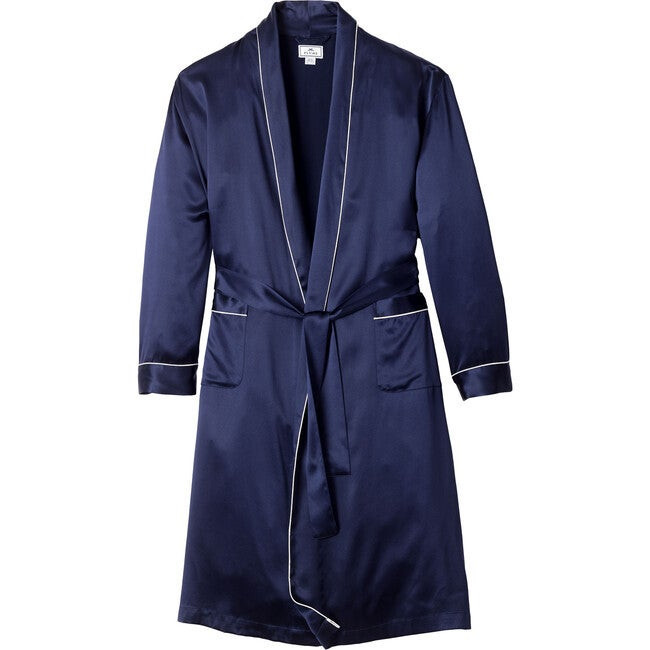 Men's Silk Long Robe, Navy | Maisonette