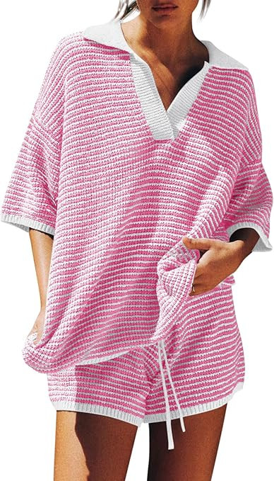 Tankaneo Womens Sweater Set 2 Piece Outfits Oversized 3/4 Sleeve V Neck Knit Tops High Waisted Sh... | Amazon (US)