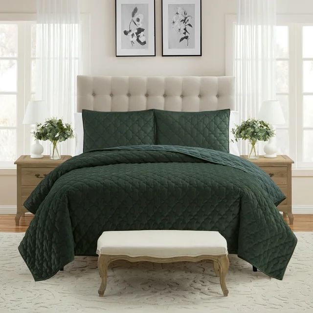 My Texas House Charlotte 3-piece Trellis Velvet Quilt Set, Full/Queen, Kombu Green | Walmart (US)
