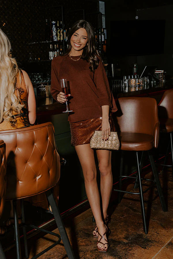 Shimmer Scene High Waist Sequin Mini Skirt in Chocolate | Impressions Online Boutique