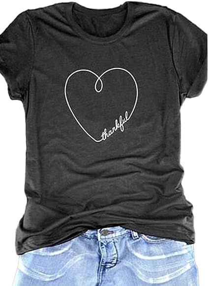 Thankful Heart T Shirt Cute Graphic Tees O-Neck Casual Short Sleeve Tops Soft Shirt for Women | Amazon (US)