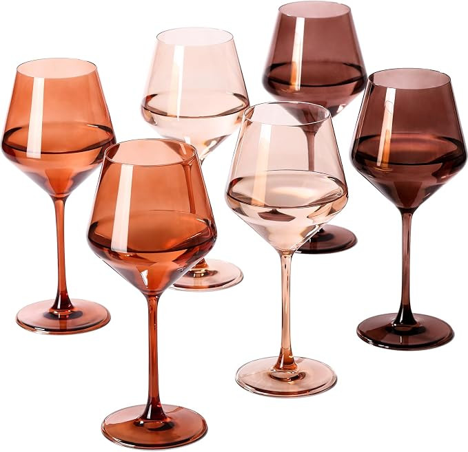 Venus Colored Wine Glasses Set of 6-17.5【Hand Blown】 Brown Wine Glasses with Tall Long Stems,... | Amazon (US)