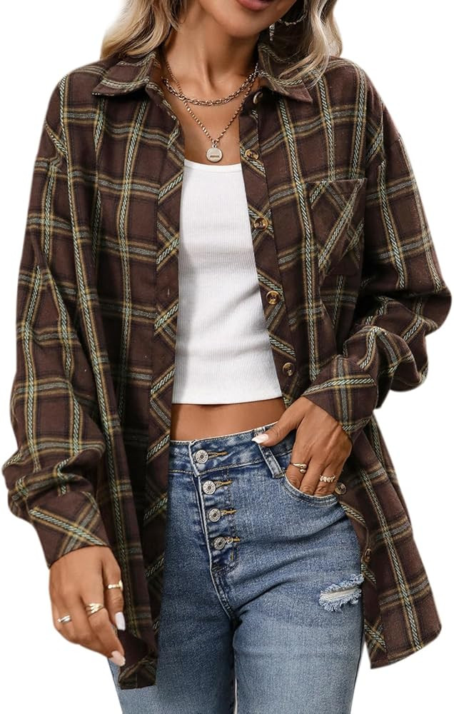 CHYRII Womens Oversized Flannel Shirts Button Down Long Sleeve Plaid Shirt Business Casual Blouse... | Amazon (US)