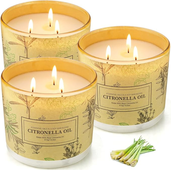 Citronella Candles Outdoor Indoor, 3 Pack 14.6 Oz Large 3 Wick Scented Jar Candles Set Aromathera... | Amazon (US)