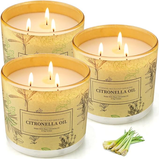 Citronella Candles Outdoor Indoor, 3 Pack 14.6 Oz Large 3 Wick Scented Jar Candles Set Aromathera... | Amazon (US)