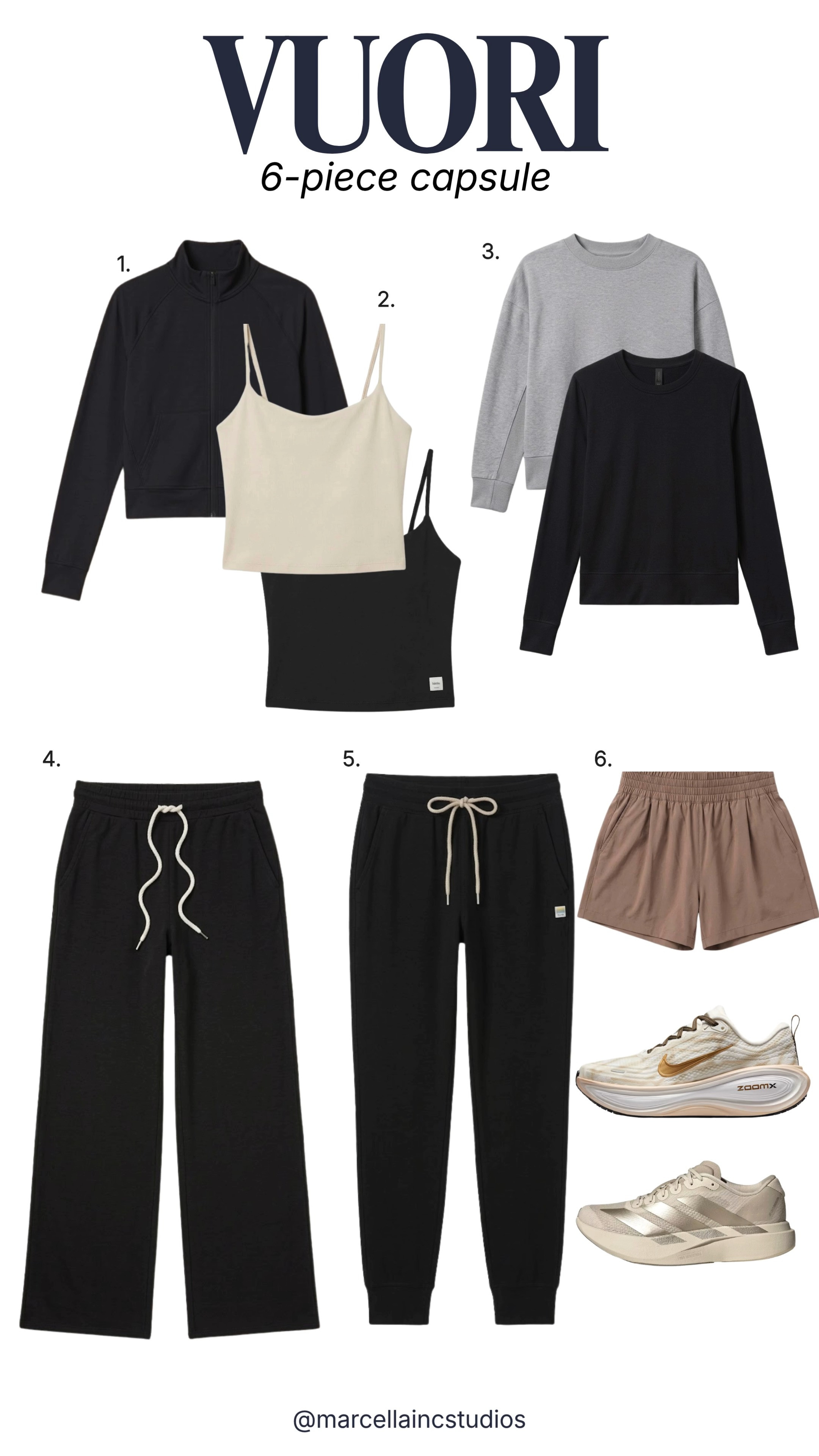 6-piece Vuori travel (or athleisure) capsule: wide leg pants, paired with new Nike Pegasus or adidas Evo! ✈️I have all of these except the shorts and LOVE!

#LTKtravel #LTKfit  #vuori #athleisure #capsulewardrobe #traveloutfit #airportstyle #airportoutfit # 

 

#LTKootd #LTKOver40 #LTKTravel
