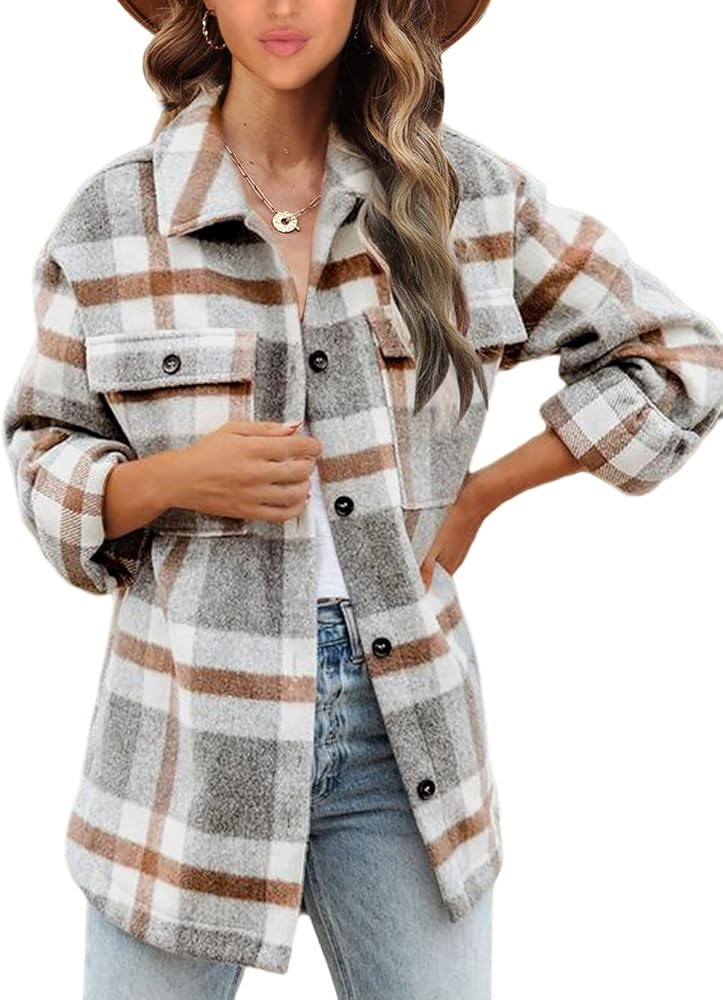 Beaully Women's Flannel Plaid Jacket Long Sleeve Button Down Chest Pocketed Shirts Coats Shacket | Amazon (US)