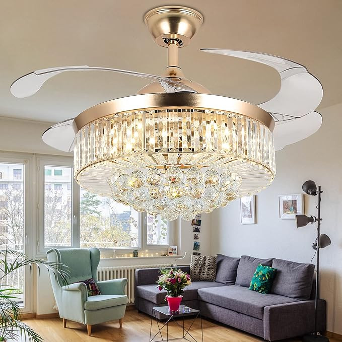 WWahuayuan 36" Invisible Ceiling Fan Chandelier with Light,Modern Crystal Ceiling Fan Light Remot... | Amazon (US)