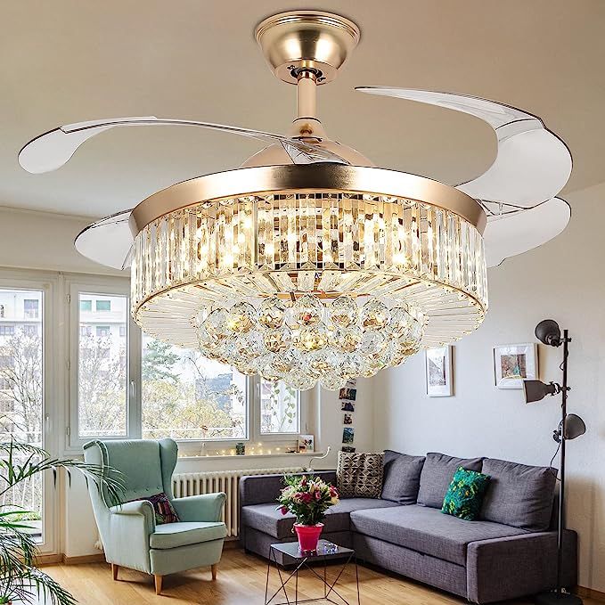 WWahuayuan 36" Invisible Ceiling Fan Chandelier with Light,Modern Crystal Ceiling Fan Light Remot... | Amazon (US)