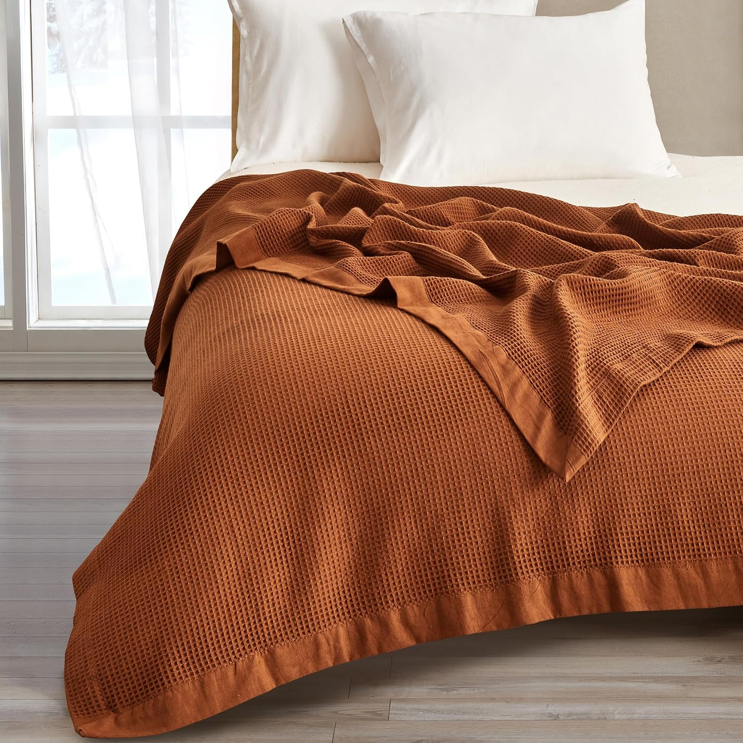 Great Bay Home 100% Cotton Blanket for King Size Bed | Lightweight and Breathable Waffle Weave Blankets for Summer & Spring | Versatile, Layering Orange Bed Blanket, Terracotta, 102x90 inches | Amazon (US)