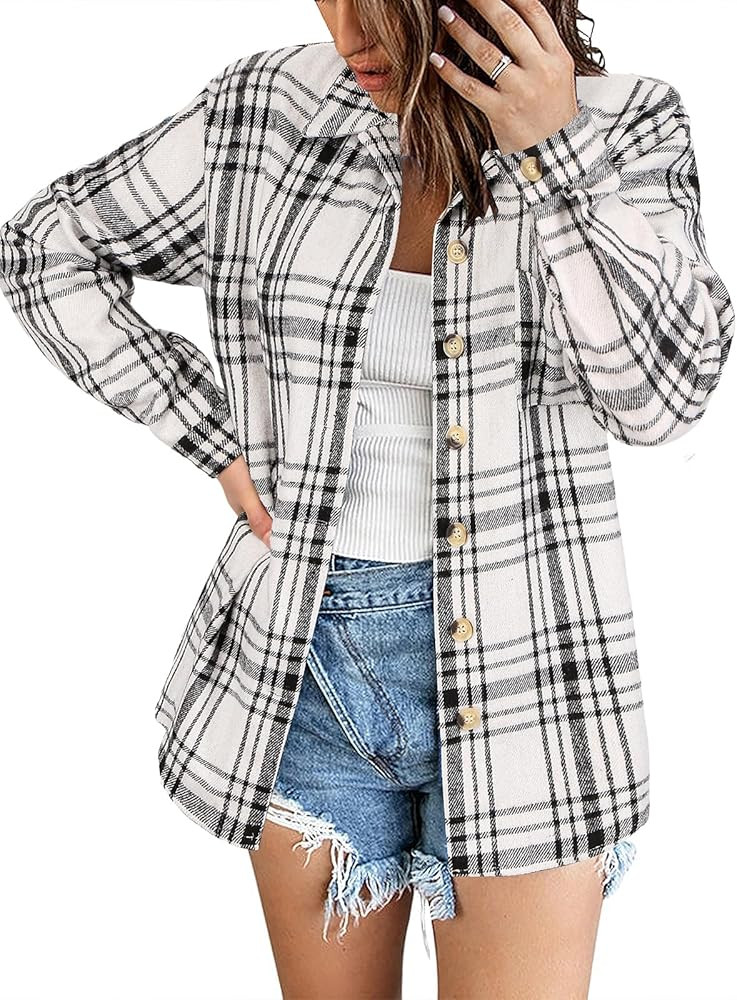 Zeagoo Women Flannel Shacket Jacket Plaid Button Down Long Sleeve Shirt Fall Outfits 2024 | Amazon (US)