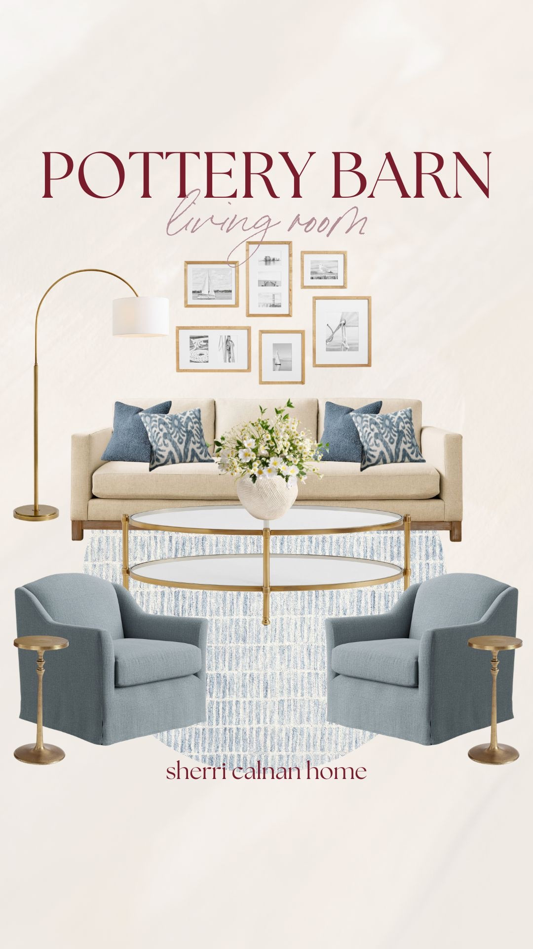 Pottery Barn inspired living room styling with blue accent chairs, neutral sofa, brass coffee table, gallery wall art, and layered coastal textures for a bright, timeless space.

Pottery Barn living room, blue accent chairs, brass coffee table decor, neutral sofa styling, coastal living room design, gallery wall inspiration, traditional coastal decor, spring living room refresh, classic home styling, sherricalnanhome

#LTKHome