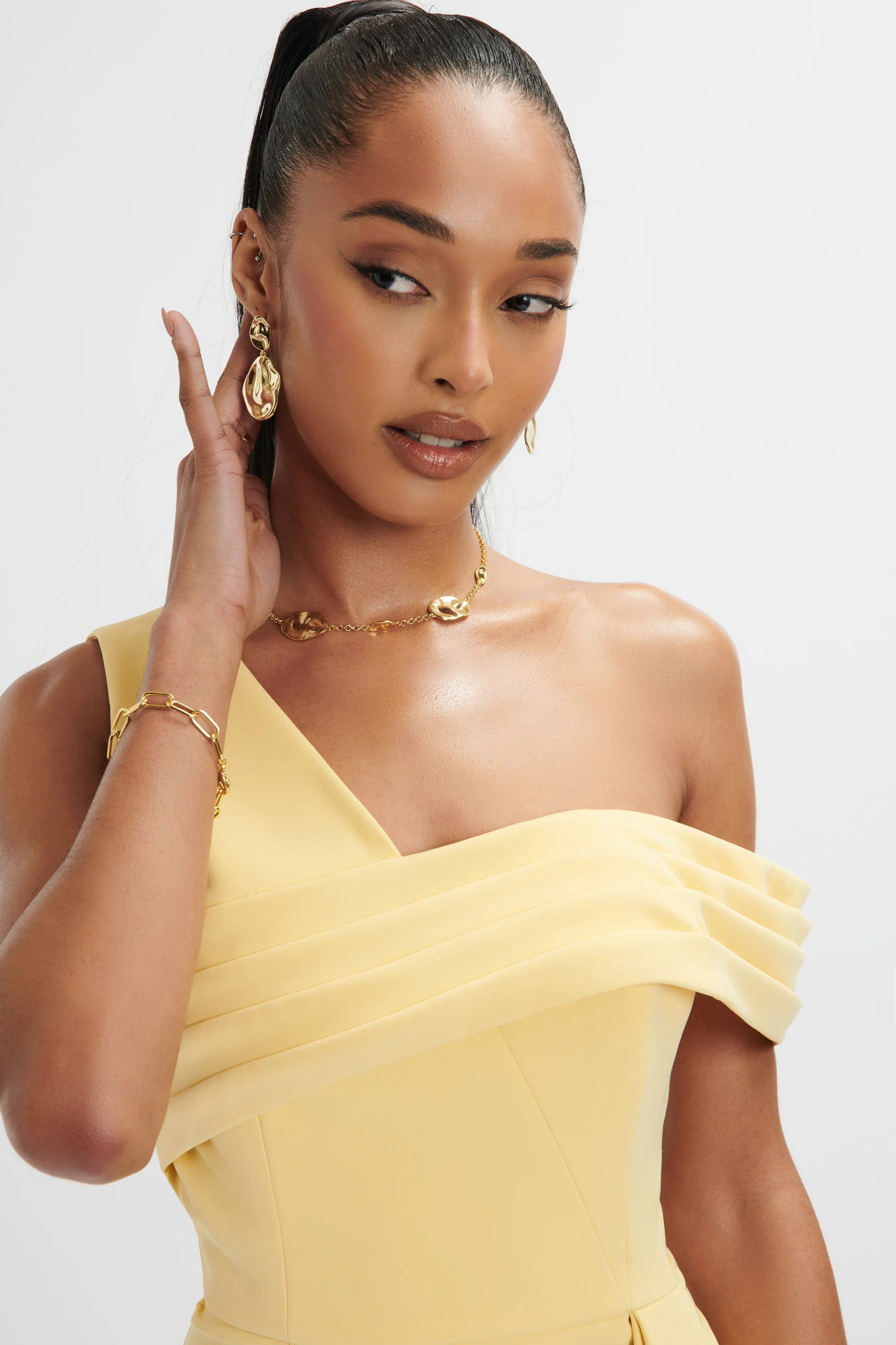 HANNAH Pleated Asymmetric Off Shoulder Midi Dress In Pastel Yellow | Lavish Alice Retail Ltd