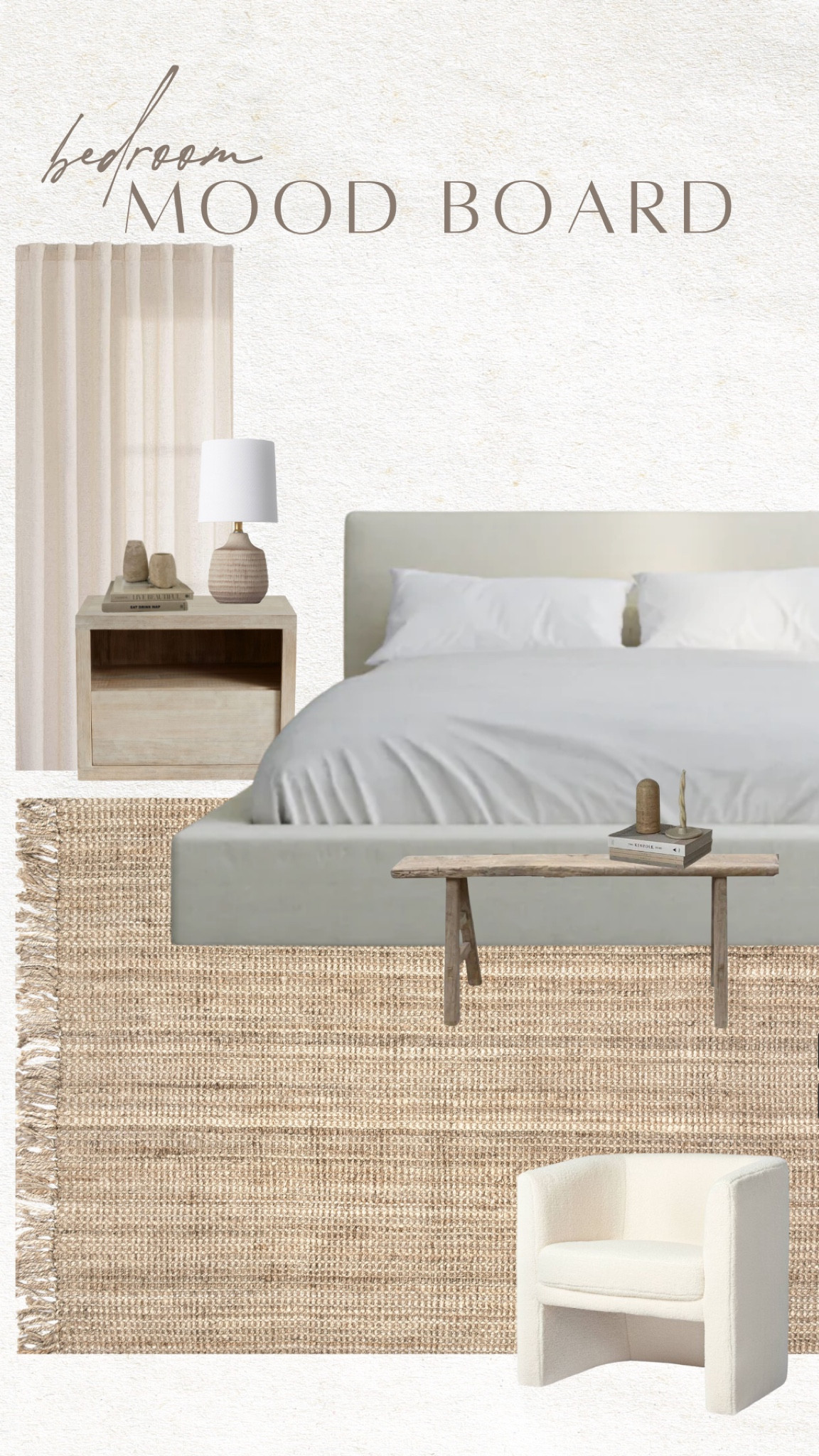 Sharing my vision for our new master bedroom ✨ 
Sticking with neutral tones & natural textures for a minimalistic, organic, cozy vibe 🤍

— Bed is the white California King “ultra” frame from Soft Frame Designs. 
— Home decor, jute rug, natural wood, upholstered bed, bedroom design, interior design, nightstand, accent chair, area rug 
#LTKCyberweek 

#LTKHoliday #LTKhome