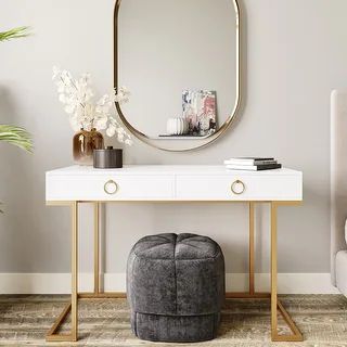 BELLEZE 2-Drawer Computer Desk Table, Wood & Metal, White & Gold - standard | Bed Bath & Beyond