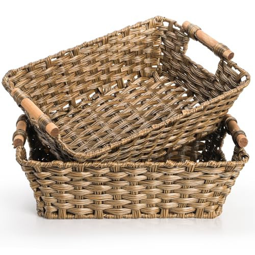 Prygew 2 Pack Brown Wicker Storage Basket, Metal Frame Hand Woven Organizer Bin with Handle, 14.6"L x 10.7"W x 5"H Waterproof Rattan Laundry Organizer Totes for Pantry, Living Room, Bathroom | Amazon (US)