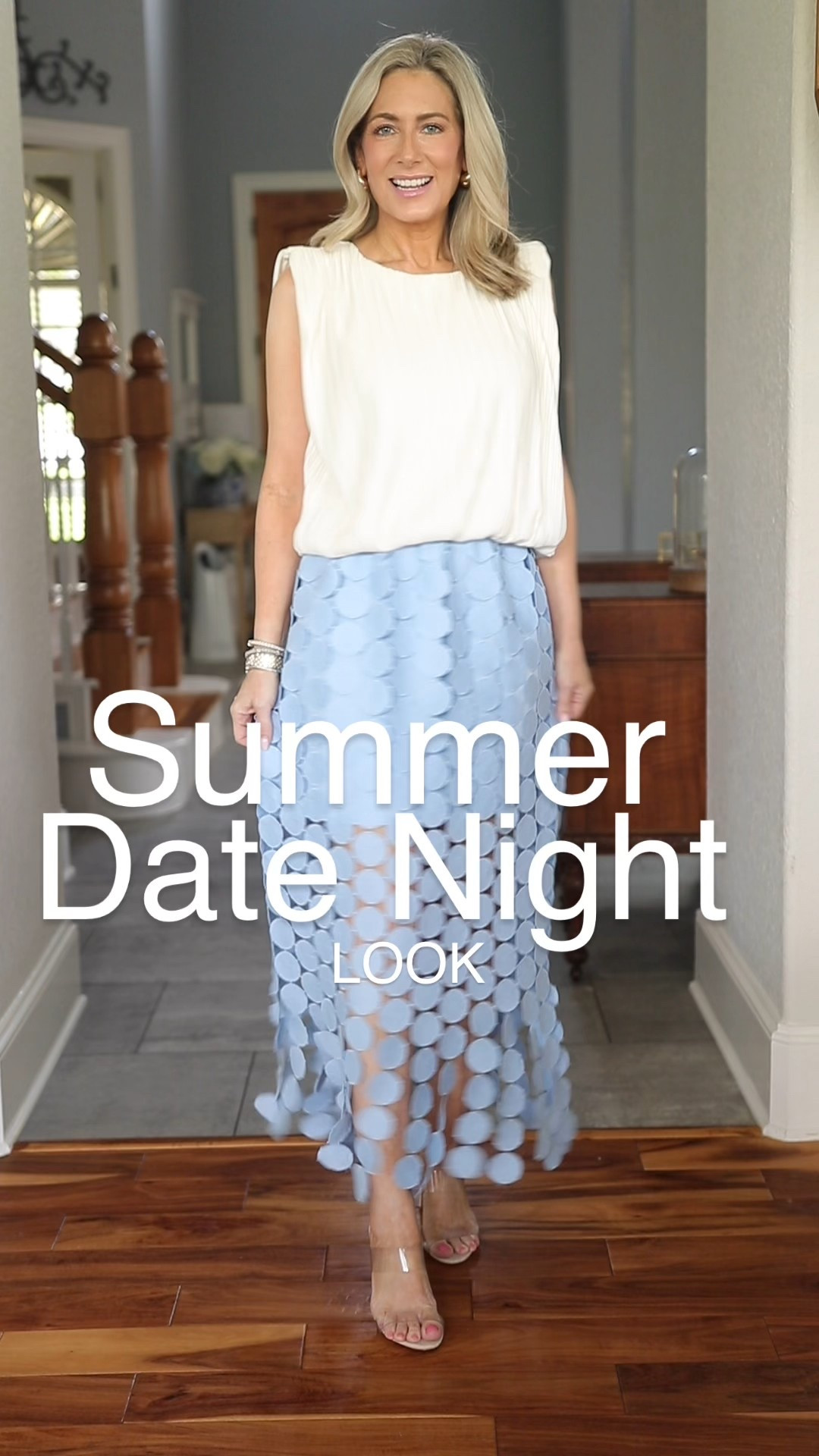 The minute I pulled out this skirt I knew it was made for dancing!! Take this outfit out on the town, or pair the skirt with a different top (not white or cream) and wear it to a summer wedding. The skirt and the top come in different colors. I also love that the skirt is a pull on style, so it's cute AND comfortable all night long! For sizing reference, I'm wearing the shirt in size XS and the skirt in size small. The shoes run true to size and go with ALL of your formal outfits!

#LTKSummerEdit #LTKOver40 #LTKStyleTip