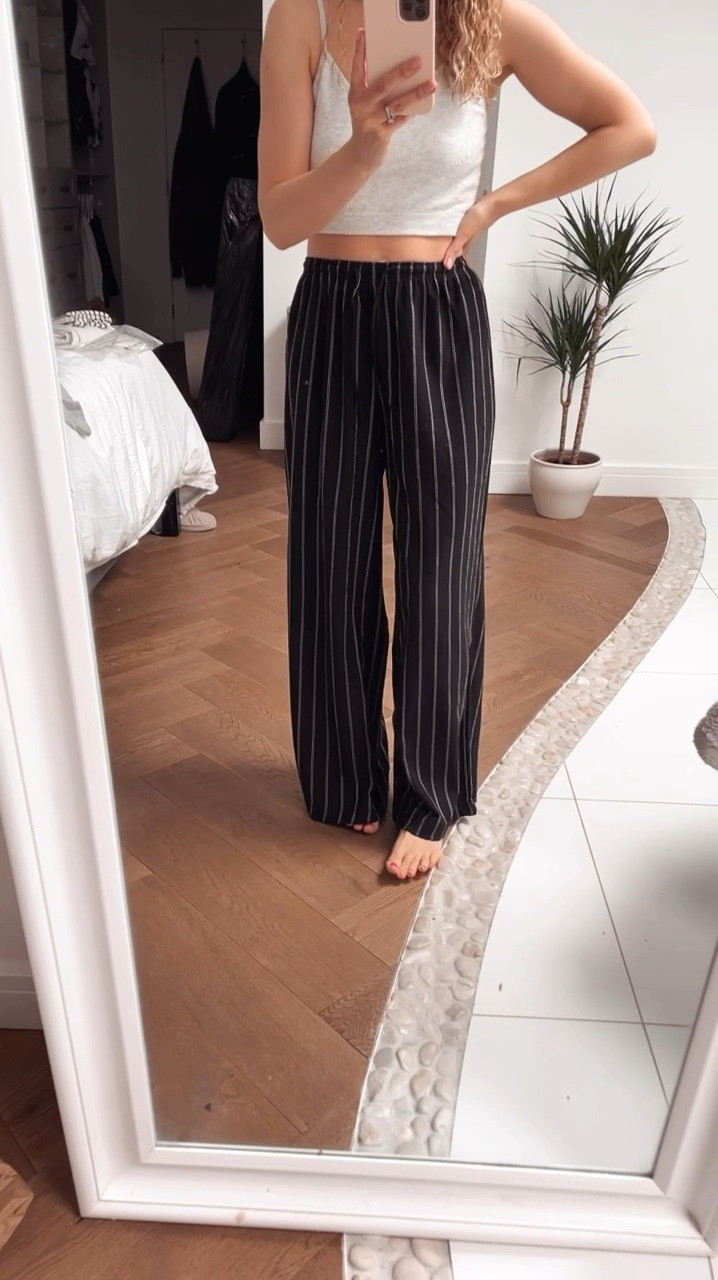 Wide leg straight black pinstripe trousers with tie waist 

#LTKsummer #LTKuk #LTKstyletip
