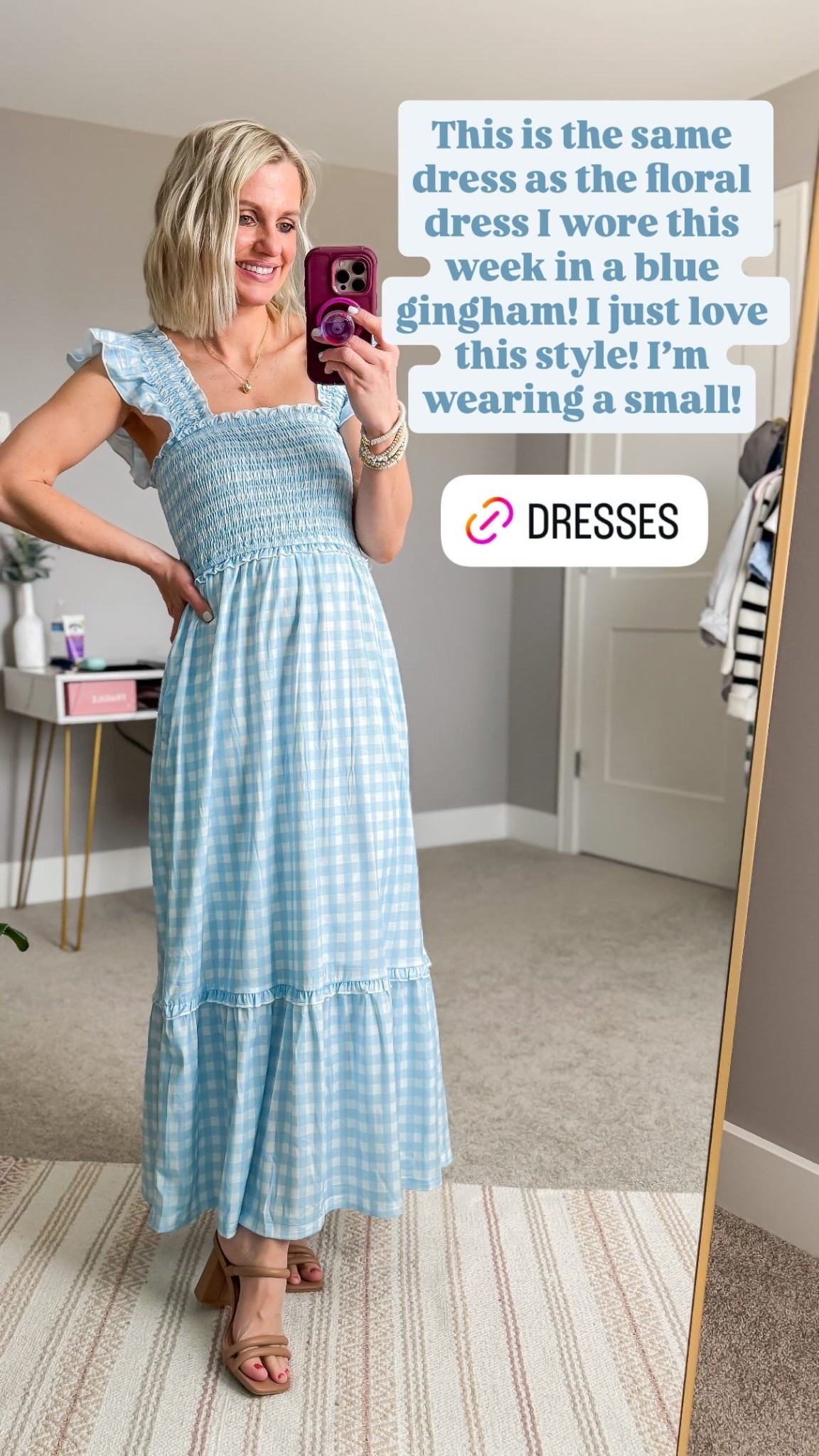 This is the same dress as the floral dress I wore this week in a blue gingham! I just love this style! I’m wearing a small!