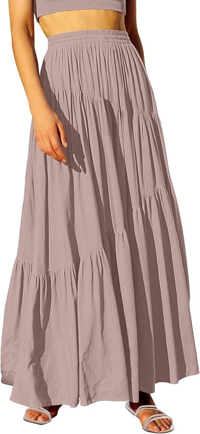 ANRABESS Women’s Boho Elastic High Waist Pleated A-Line Flowy Swing Asymmetric Tiered Maxi Long... | Amazon (US)