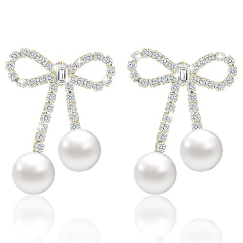 PLwelth Pearl Bow Earrings for Women Rhinestone Bow Drop Earrings Gold Bowknot Dangle Earring for Wedding Party Cute Tassel Earring Trendy Jewelry Gifts for Her Birthday Stocking Stuffers | Amazon (US)