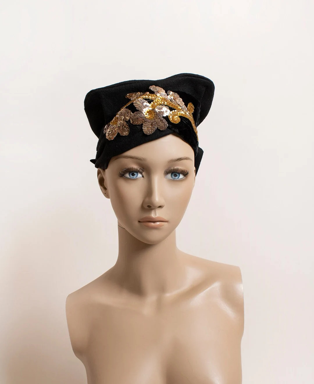 Vintage 1940s Hat - Black Square Felt With Velvet & Gold Flower Sequins - Formal Date Night Eveni... | Etsy (US)