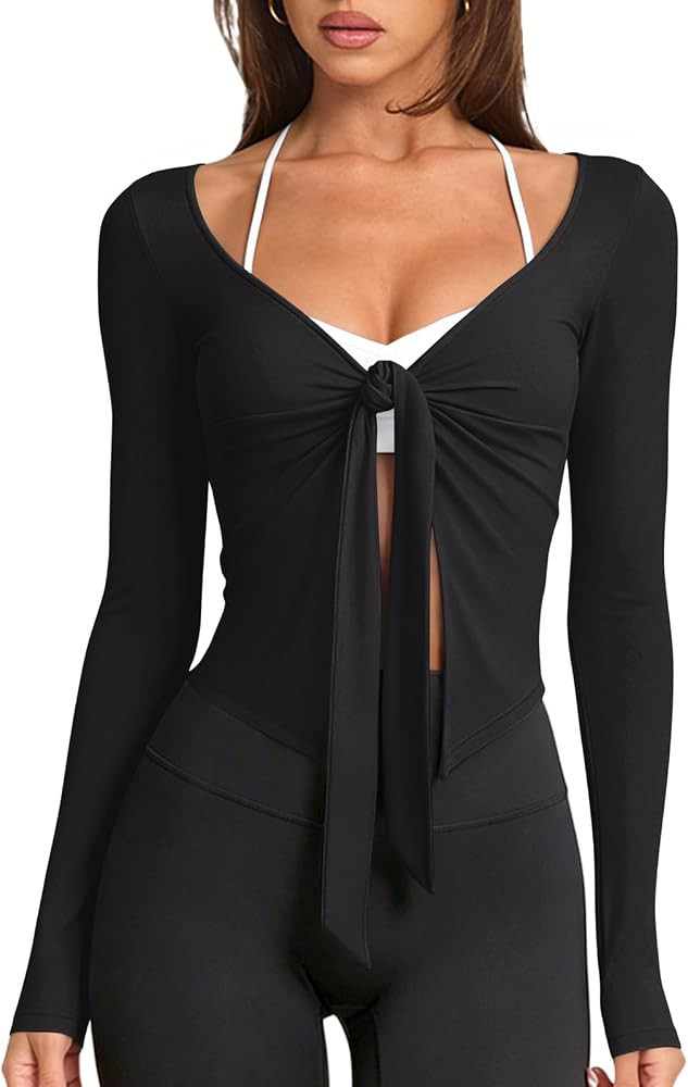 LASLULU Womens Tie Front Pilates Wrap Tops Long Sleeve Shrug Cardigan | Amazon (US)