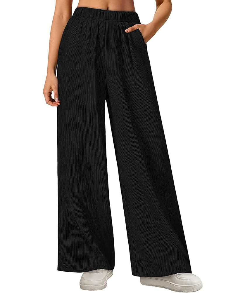 MEROKEETY Women's Wide Leg Palazzo Pants Flowy Pleated Elastic High Waisted Casual Trousers with ... | Amazon (US)