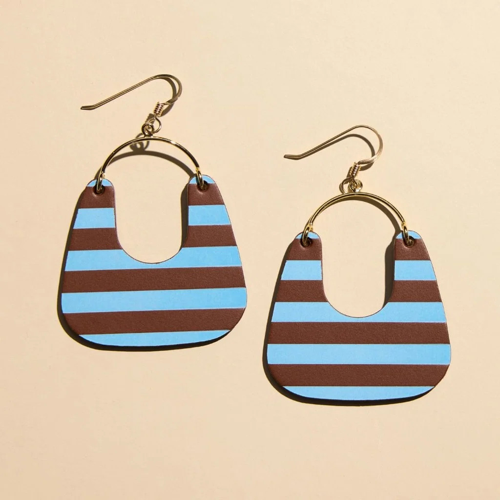 Brown Sideways Stripe Nora Leather Hoop Earrings | Nickel and Suede