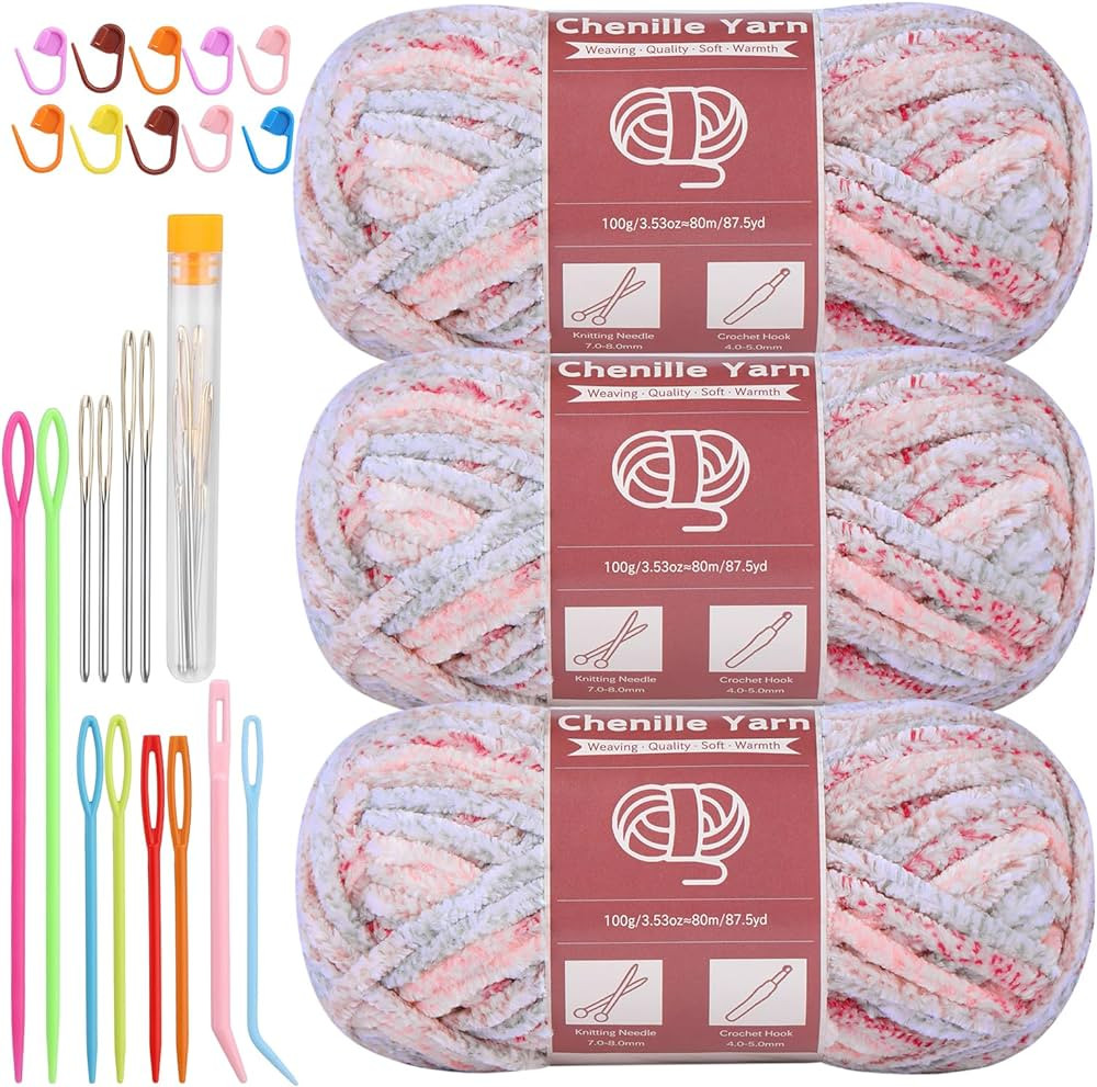 3 * 100g Chenille Yarn, Yarn for Crocheting Knitting with Big Eye Needles, Handcrafts Weaving Sof... | Amazon (US)