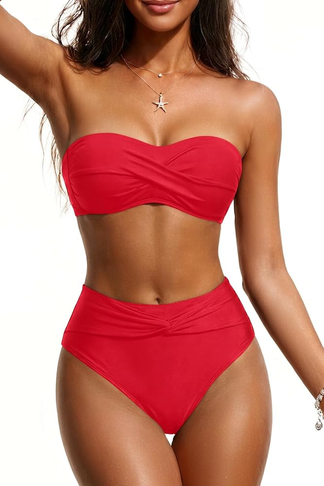 Tempt Me Women Bandeau Bikini Set Twist Strapless Two Piece Swimsuit High Cut High Waisted Bathin... | Amazon (US)