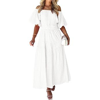MASCOMODA Off The Shoulder Flowy Maxi Dress for Women 2024 Summer Casual Puff Short Sleeve Smocke... | Amazon (US)