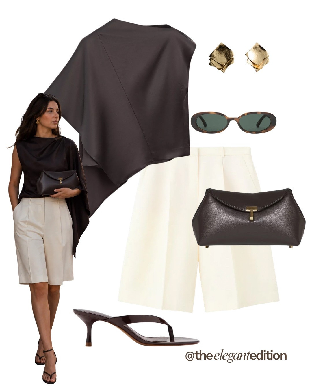 EVENING IN THE CITY 🤎🤍 — Asymmetric black draped top, cream tailored shorts, dark brown clutch and kitten heel sandals. Elevated and effortless for warm evenings out.
#oldmoney #quietluxury #summeroutfit #eveningwear #LTKsummer #LTKtravel #LTKstyletip

#LTKsummer #LTKstyletip #LTKdatenight