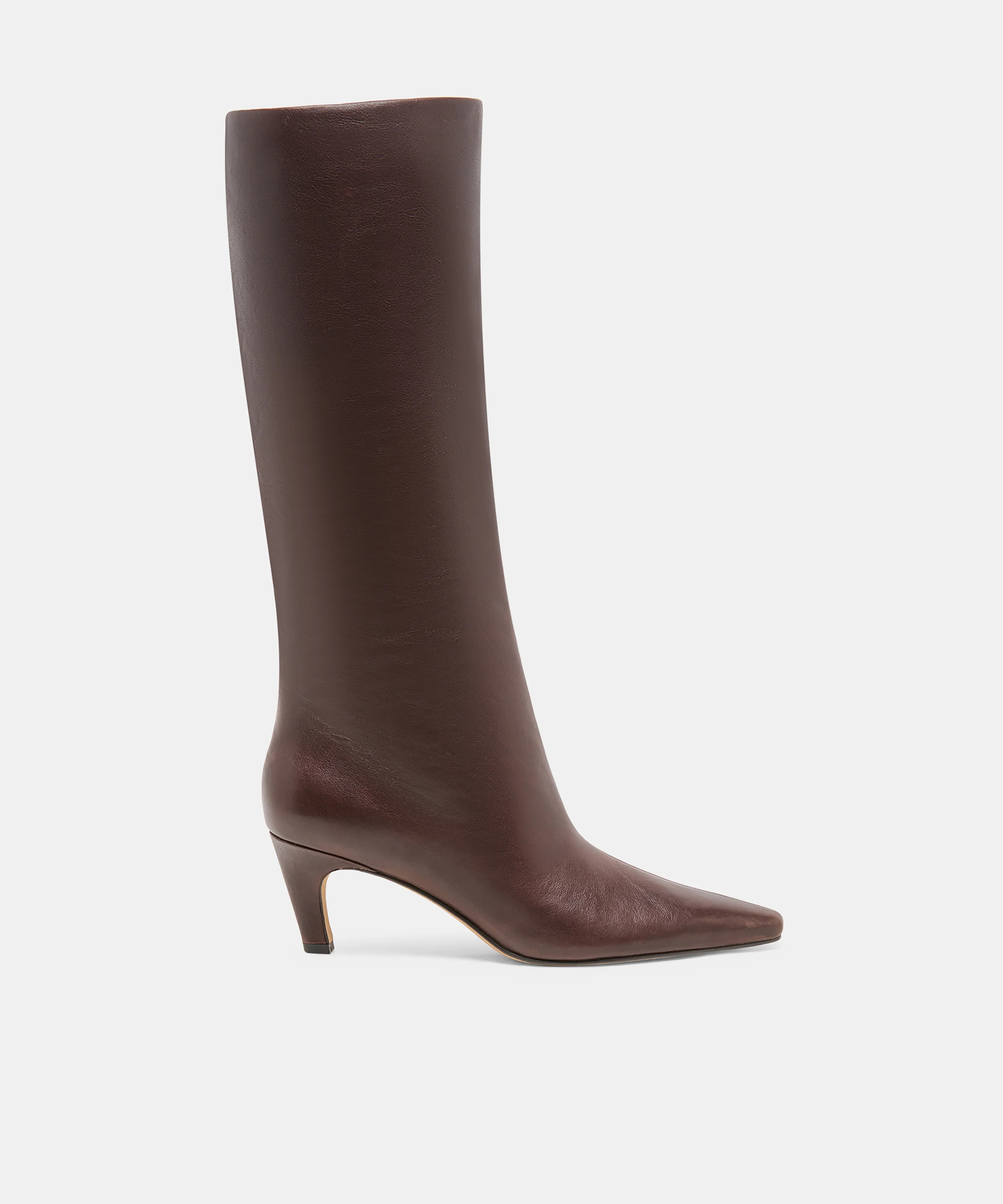 JAZMIN Dk Chocolate Leather Sculptural Kitten-Heel Knee-High Boots | Dolce Vita | DolceVita.com