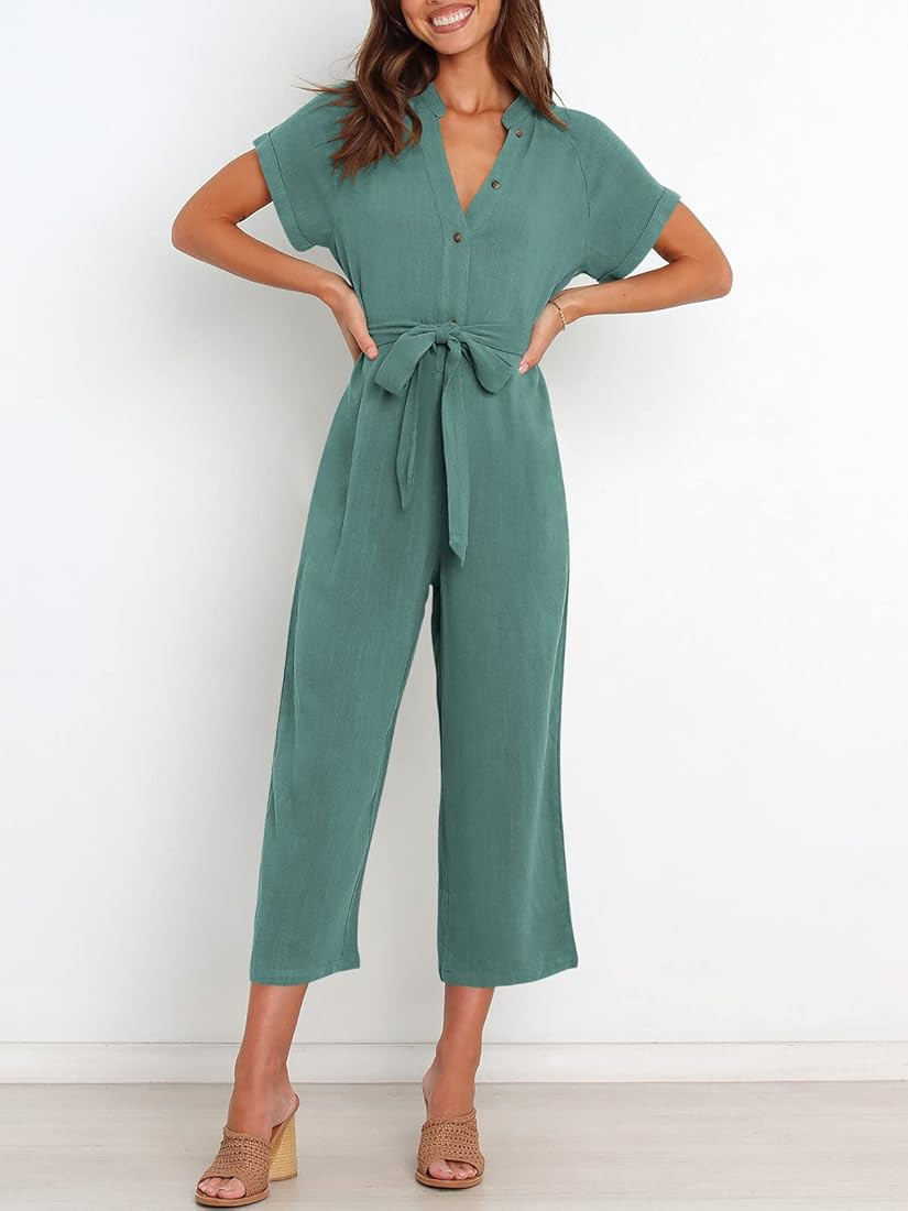 ANRABESS Women's Short Sleeve V Neck Buttons Waist Belt Straight Wide Leg Cropped Jumpsuits Rompers  | Amazon (US)