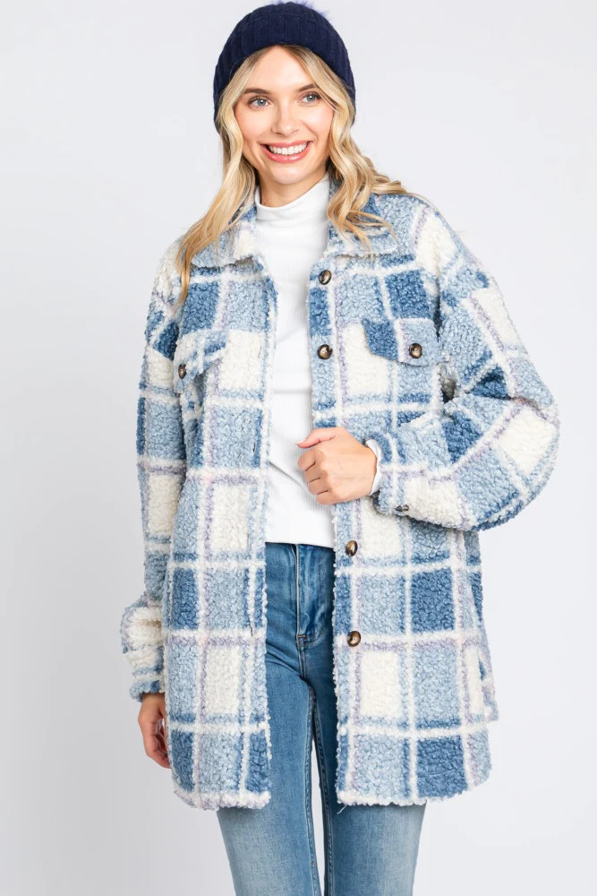 Blue Plaid Sherpa Jacket | PinkBlush Maternity